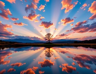 Sunrise Over Serene Lake with Solitary Tree Reflection