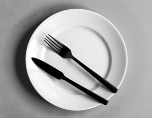 Minimalist White Plate with Black Cutlery Textured Grey Surface