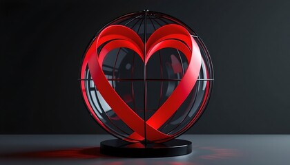 Red Ribbon Heart Within Modern Black Globe