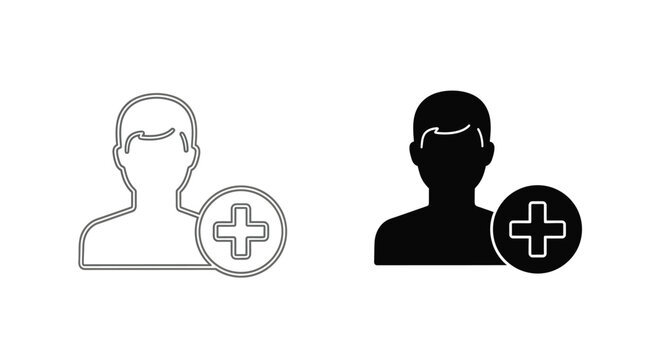 Collection of outline and solid silhouette icons representing a user profile with an overlaid plus symbol for adding new members or contacts.