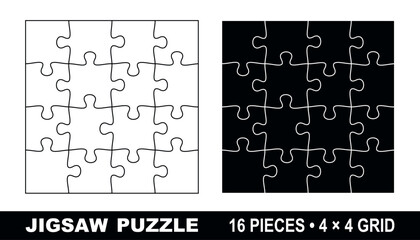 16 piece jigsaw puzzle template 4x4 square grid vector layout isolated on white background clean outline design for print cutting infographic presentation business teamwork communication concept © MariaNechaeva