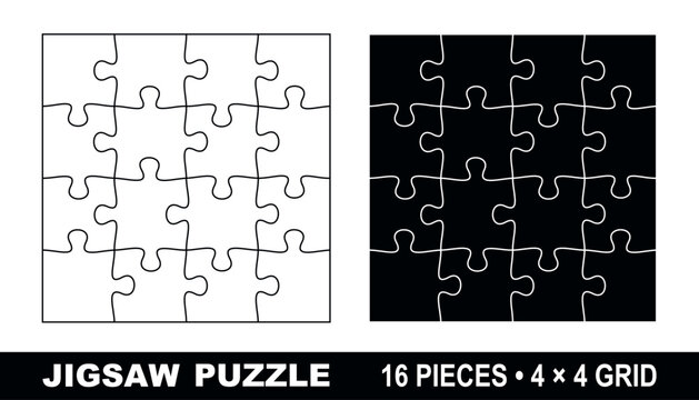 16 piece jigsaw puzzle template 4x4 square grid vector layout isolated on white background clean outline design for print cutting infographic presentation business teamwork communication concept