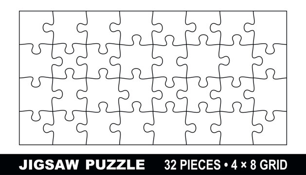 32 piece jigsaw puzzle template 4x8 grid rectangle vector layout isolated on white background clean outline design for print cutting mockup presentation business teamwork communication concept