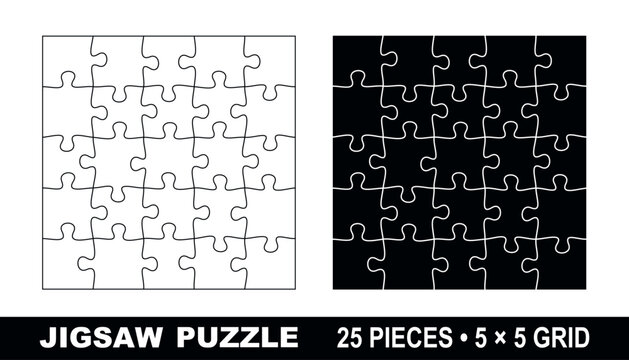 25 piece jigsaw puzzle template 5x5 grid square vector layout isolated on white background clean outline for print cutting educational kids game presentation infographic business teamwork concept