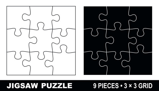 9 piece jigsaw puzzle template 3x3 square grid vector layout isolated on white background clean outline design for print cutting infographic presentation business teamwork communication concept