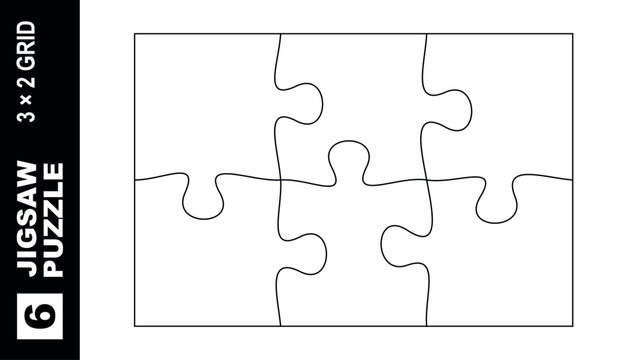 6 piece jigsaw puzzle template 3x2 grid rectangle vector layout isolated on white background clean outline design for print cutting mockup presentation infographic business teamwork concept