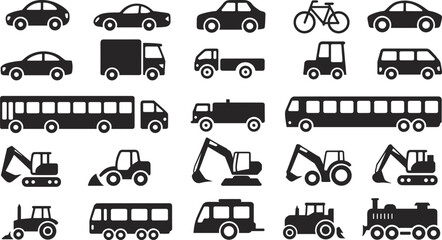 Vehicle icons collection, transportation silhouettes, cars, bicycle, pickup truck, van, bus, ambulance, excavator, bulldozer, tractor, train engine, automotive vector illustration © Rima Khatun