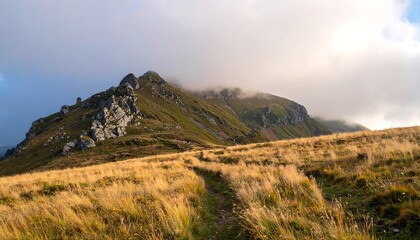 Fototapeta premium Golden Grass Field Leading to Majestic Mountain Peak Under Cloudy Sky.