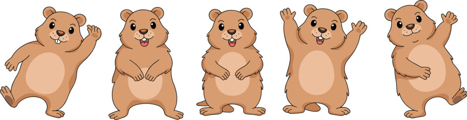 Groundhog cartoon illustrations, expressive poses, waving gesture, smiling tongue out, joyful character, upright animal, cute design, wildlife icon, storytelling, animation, vector art © Rima