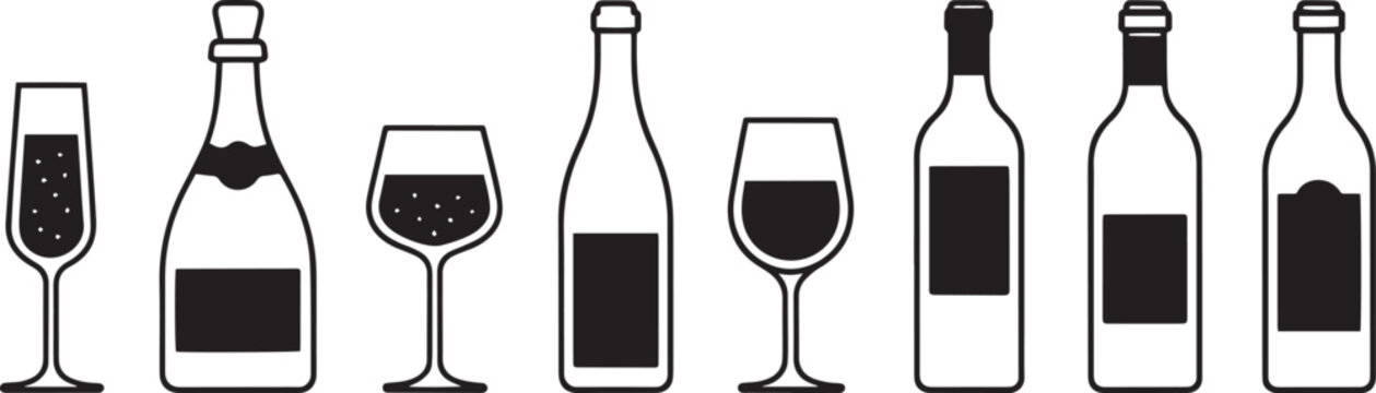 Set of various wine and champagne bottle and glass icons isolated on transparent background