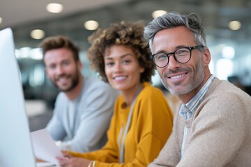 Fototapeta premium Business team working in modern office. Digital collaboration and teamwork concept. Corporate communication and project planning. Technology driven productivity. Professional partnership and success.