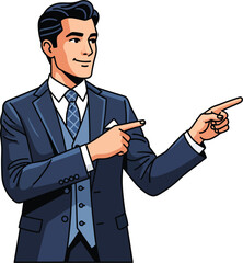 Smiling businessman in a stylish blue suit and tie pointing with both hands pop art illustration.