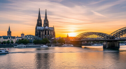 Fototapeta premium Large historical cathedral with twin spires standing prominently by a river under a golden sunset sky with cruise boats passing by