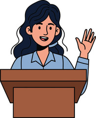Smiling cartoon woman with dark wavy hair in a blue shirt waving while speaking from a brown podium.