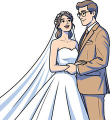 Stylized illustration of a happy bride in a white gown and a groom in a tan suit holding hands.