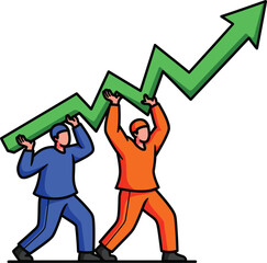 Two cartoon workers in blue and orange uniforms collaboratively lifting a large green upwardtrending arrow graph.