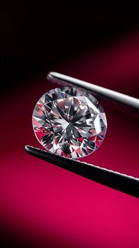 Gro&szlig;er gl&auml;nzender Diamant mit facettierter Oberfl&auml;che wird von einer schwarzen Pinzette gehalten, leuchtend auf magentarosafarbenem Hintergrund.