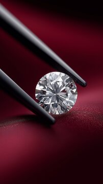 Gro&szlig;er gl&auml;nzender Diamant mit facettierter Oberfl&auml;che wird von einer schwarzen Pinzette gehalten, leuchtend auf magentarosafarbenem Hintergrund.