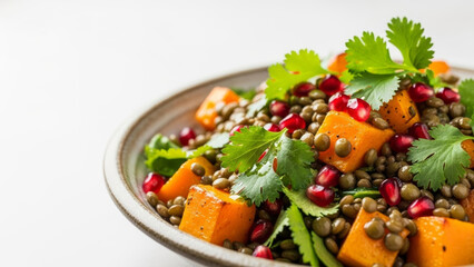 Closeup roasted squash and lentil salad with cilantro and pomegranate seeds for recipe card and menu background use