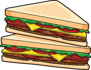 Vibrant cartoon of two stacked triangular sandwich halves with lettuce tomato cheese and meat.