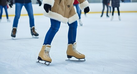 Fototapeta premium Woman ice skating on frozen rink with friends in background