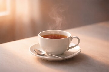 Fototapeta premium Steaming cup of hot tea on a saucer with a spoon, bathed in warm morning sunlight