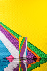 Abstract still life with a glass of water on a color bright background