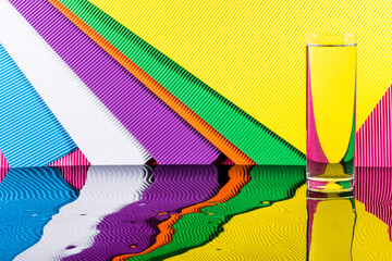 Abstract still life with a glass of water on a color bright background