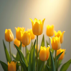 Fototapeta premium Yellow tulips on gray background with sunlight for spring advertising space Generative AI