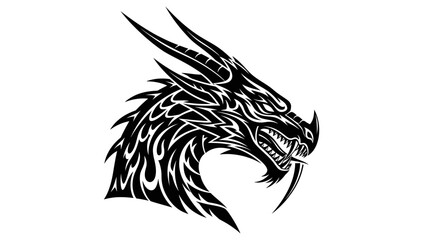 Fototapeta premium Tribal Dragon Head Tattoo Design, Fierce Mythical Creature, Black and White