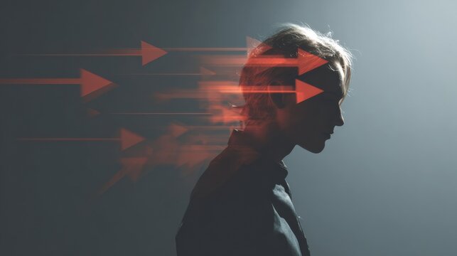 A person with red arrow symbols coming out from head in conceptual image. The image evokes concept about thought and idea