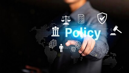 Naklejka premium Businessman touching virtual policy interface with legal icons,compliance regulation governance concept,corporate risk management and global law protection strategy
