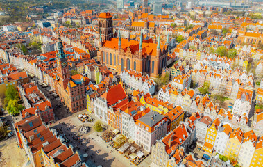 Gdansk with Motlawa river in Poland. Aerial landscape of the Main Town. Old town colourful house with saint Marys church © Zedspider