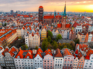 Gdansk with Motlawa river in Poland. Aerial landscape of the Main Town. Old town colourful house with saint Marys church © Zedspider