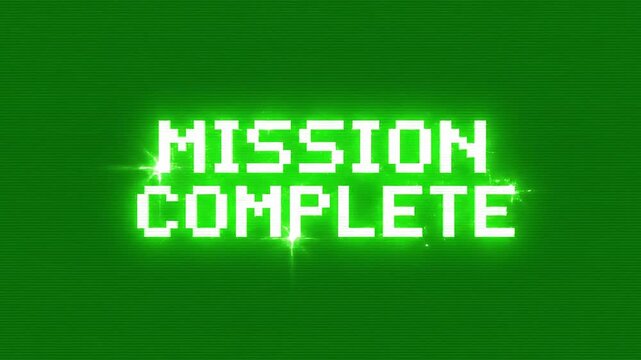 A digital display shows mission complete on a green screen with neon glow effect in a futuristic setting from a close-up viewpoint.
