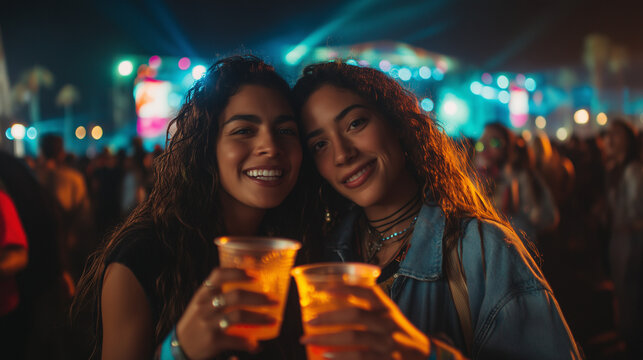 Two women enjoying Pa&rsquo;l Norte Festival in Tecate, Mexico, with drinks at a lively nighttime event