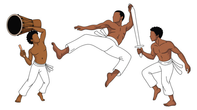Capoeira vector illustration of three men in dynamic poses with colorful background