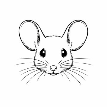 Adorable cartoon mouse face with big ears and whiskers, black and white illustration