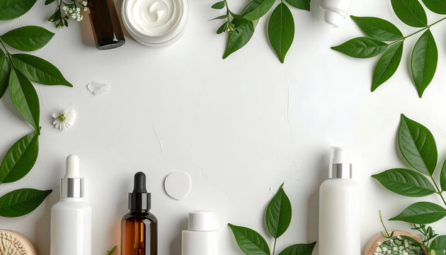 Natural beauty product assortment framed by green leaves on white surface showcasing organic skincare in flat lay style for wellness and spa concepts