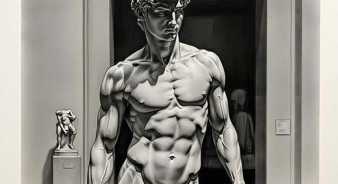 A detailed charcoal drawing of a muscular male statue in a gallery