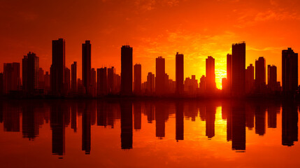 Panoramic city skyline during a vivid sunset, silhouetted buildings reflected in the water with bright orange and yellow hues.