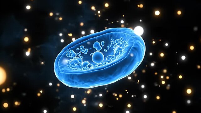 Animated glowing cell with nucleus against a dark background