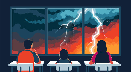 Vector illustration of students watching a dramatic thunderstorm with lightning striking through a window © PDWN Creative