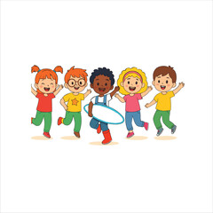 Cartoon Kids Group &ndash; Friendship and Outdoor Fun Illustration