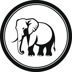 Obraz premium Pure black and white vector illustration of simplified elephant silhouette inside circular logo frame 3