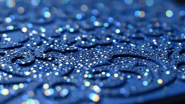 Close-up of a royal blue textured surface with a floral pattern and sparkly glitter details creating a festive and luxurious design