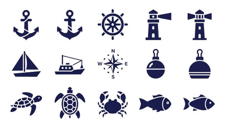 Nautical themed collection of marine life and maritime navigation symbols in dark blue color. © Suci