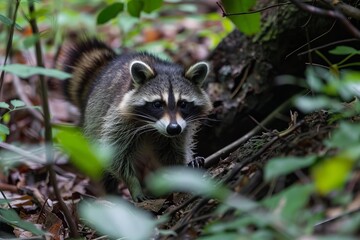 Obraz premium Raccoon walking through forest, exploring its natural habitat