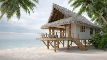 Fototapeta premium Elevated Beachfront Residence on Wooden Stilts Surrounded by Palm Trees