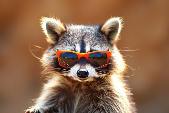 Close up of a raccoon wearing orange sunglasses, creating a humorous and stylish image
